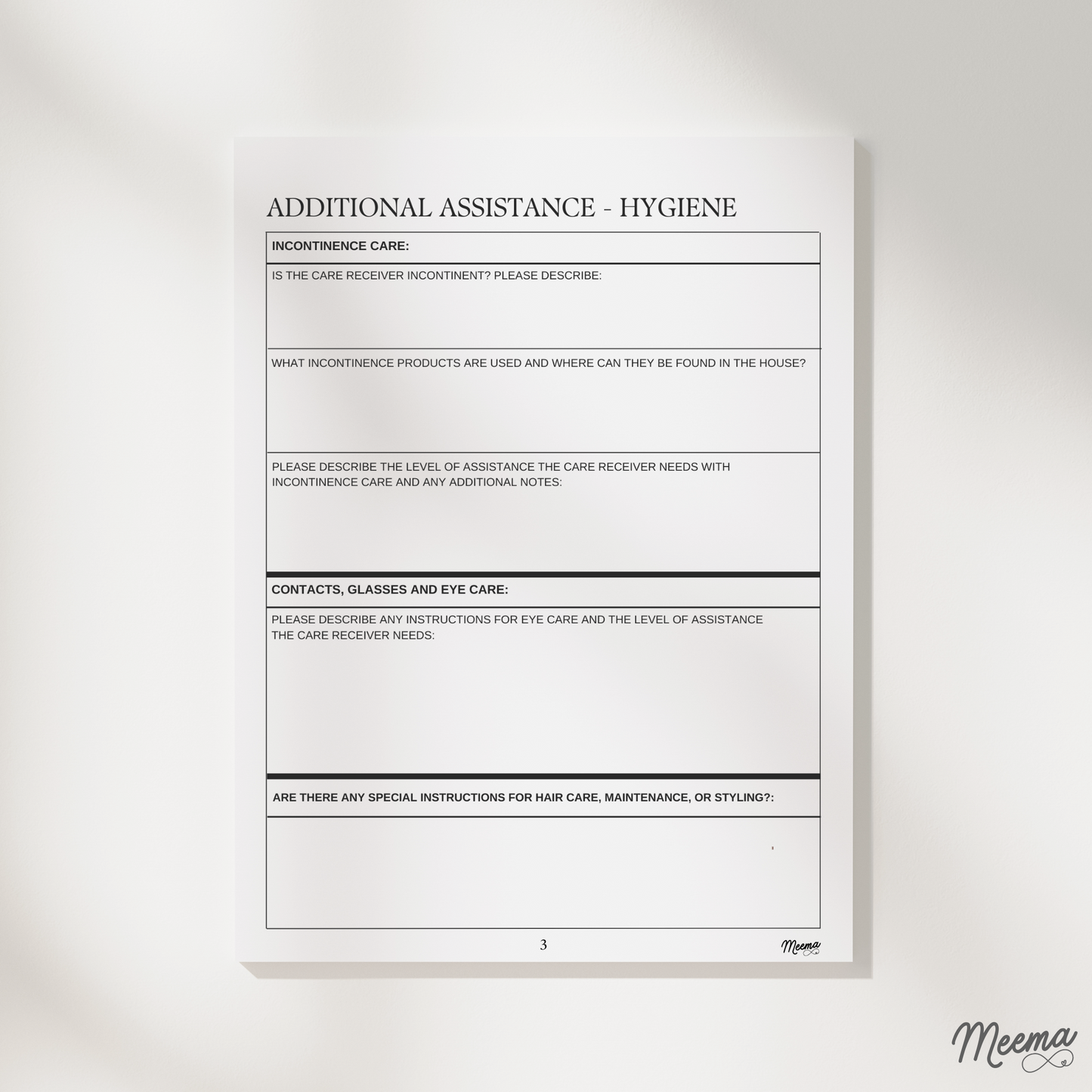 Routines, Sleep Habits, and Hygiene Assistance Printable Care Journal