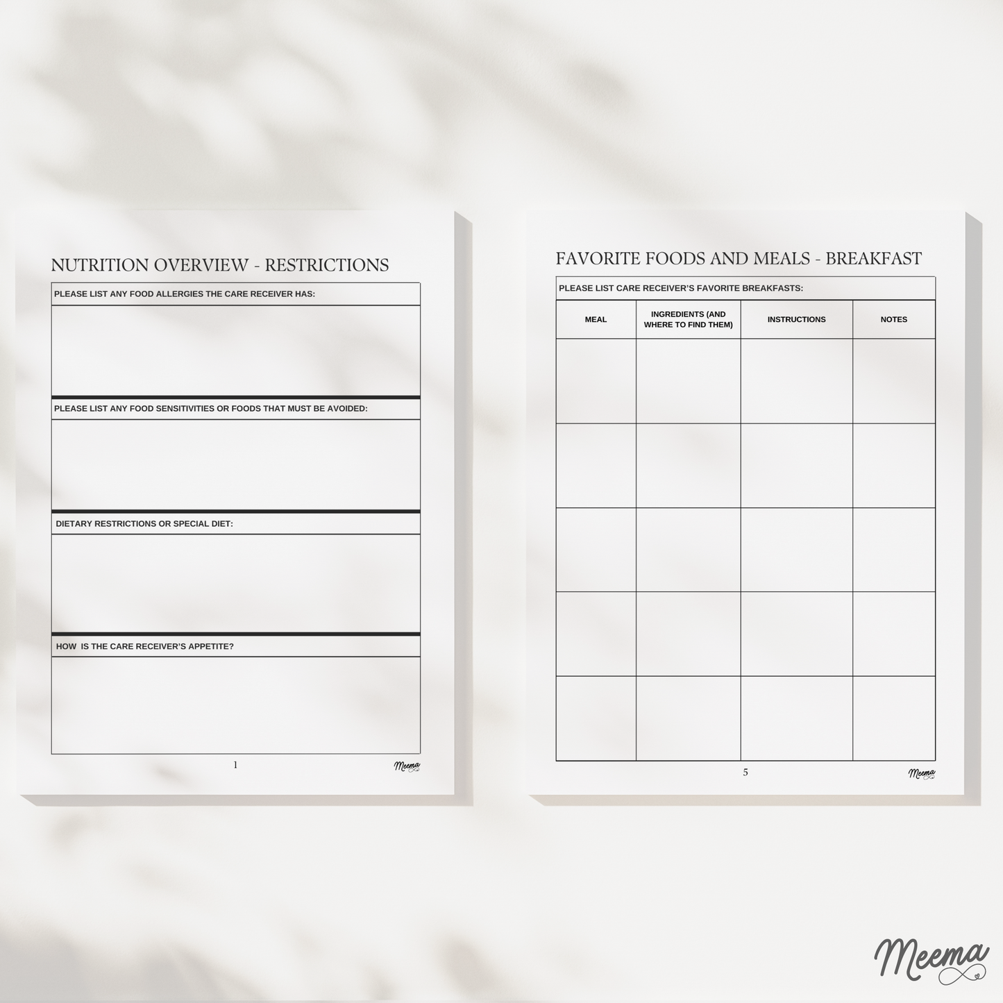 Nutrition and Exercise Printable Care Journal