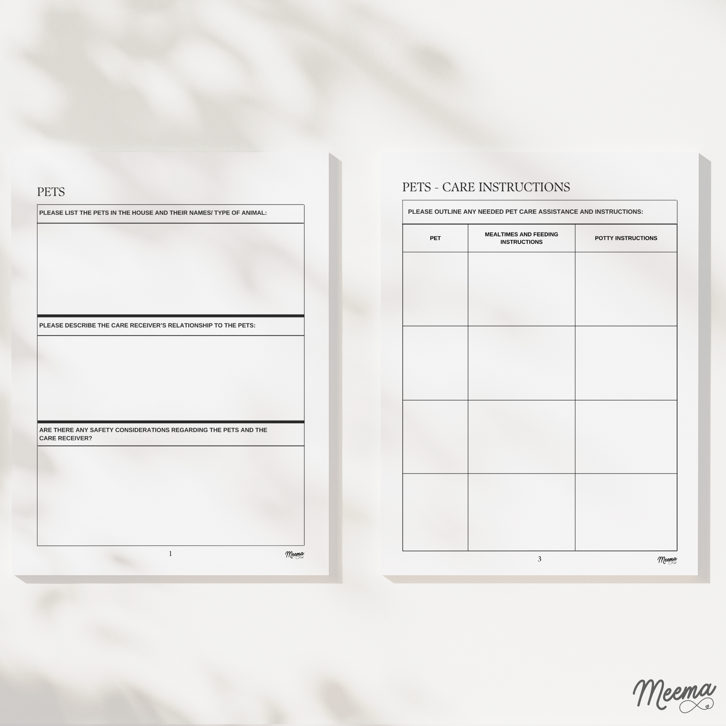 Housework and Pet Care Assistance Printable Care Journal