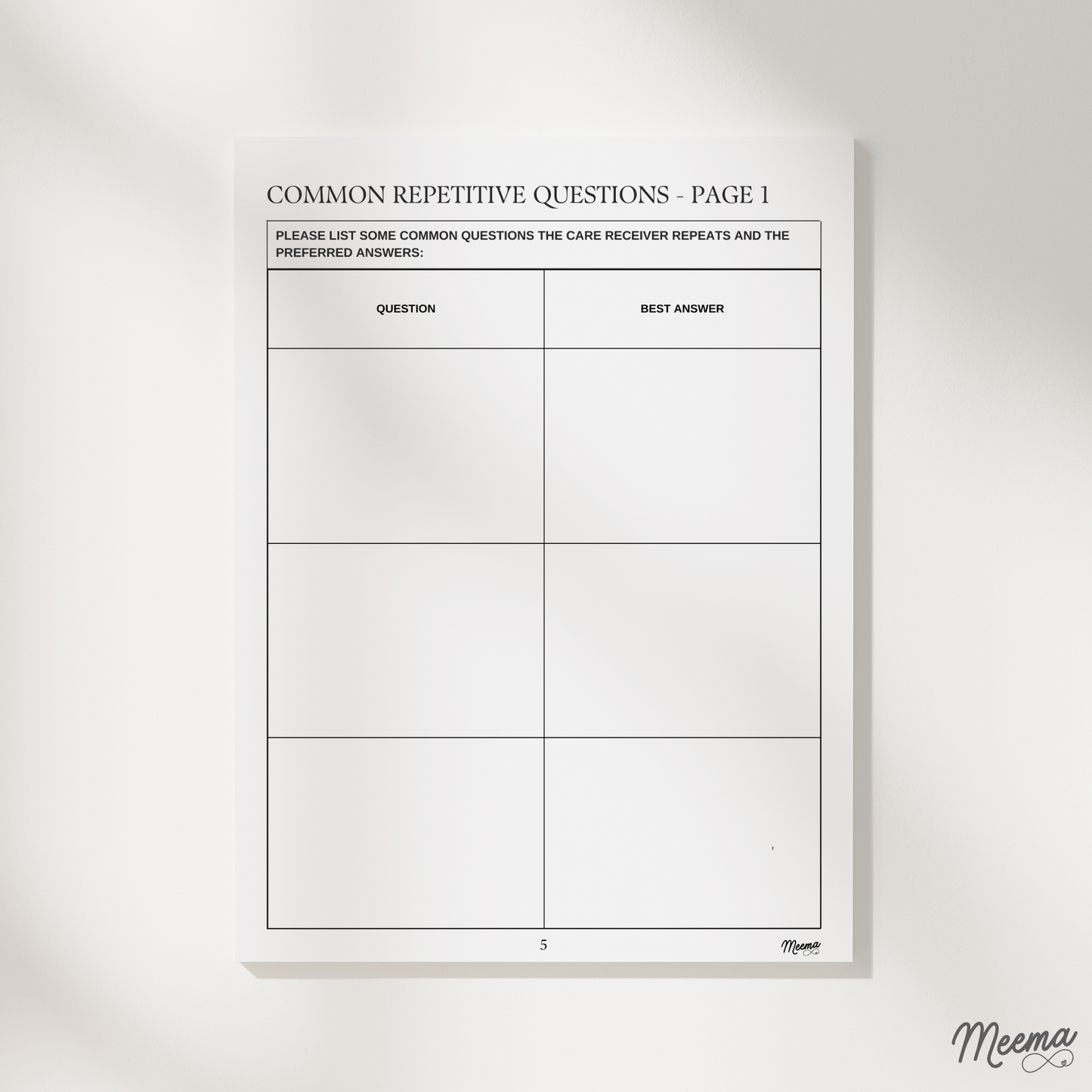 Emotional Needs, Conversation, and Personal History Printable Care Journal